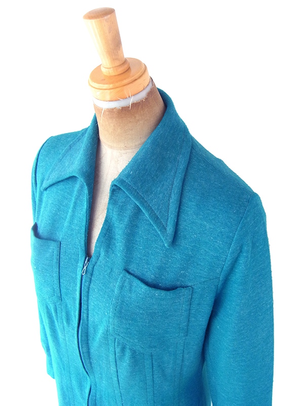 【送料無料】フランス買い付け 60年代製 ターコイズブルー X フロントジップ プリーツ ワンピース 21FC221【ヨーロッパ古着】