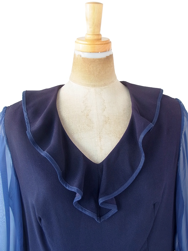 70’sロイヤルブルー フリル・プリーツ デザイン ヴィンテージワンピース M 送料無料】フランス買い付け 70年代製 ロイヤルブルー フリル