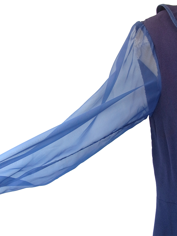 70’sロイヤルブルー フリル・プリーツ デザイン ヴィンテージワンピース M 送料無料】フランス買い付け 70年代製 ロイヤルブルー フリル