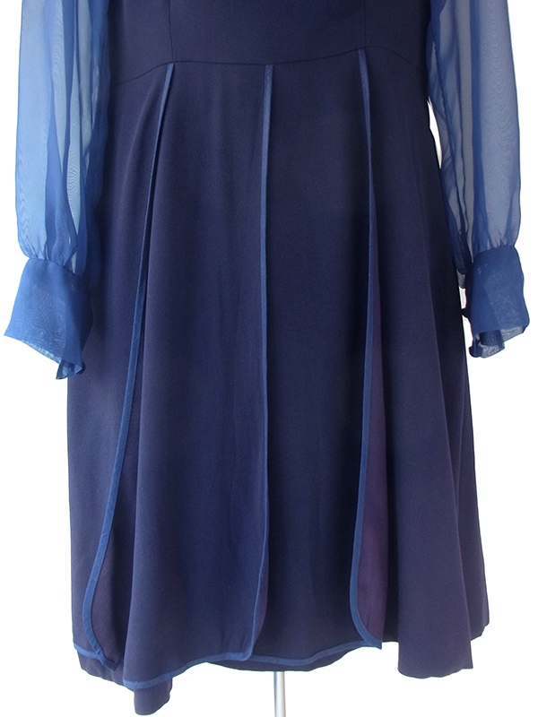 70’sロイヤルブルー フリル・プリーツ デザイン ヴィンテージワンピース M 送料無料】フランス買い付け 70年代製 ロイヤルブルー フリル