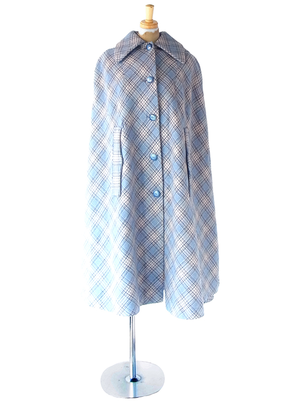 ヨーロッパ古着 フランス買い付け 60年代製 水色 X グレイ チェック柄 着脱可能フード付き ウール マントコート 21FC324