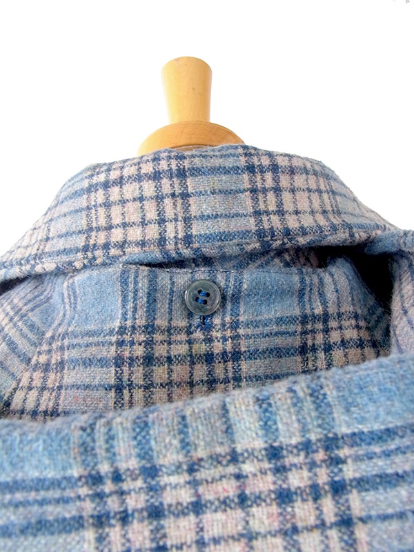 ヨーロッパ古着 フランス買い付け 60年代製 水色 X グレイ チェック柄 着脱可能フード付き ウール マントコート 21FC324