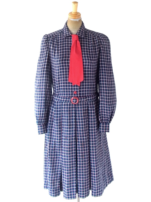 ヨーロッパ古着 ロンドン買い付け ネイビー X レッド チェック柄 ネクタイ・共布ベルト付き ヴィンテージ ワンピース 21OM103