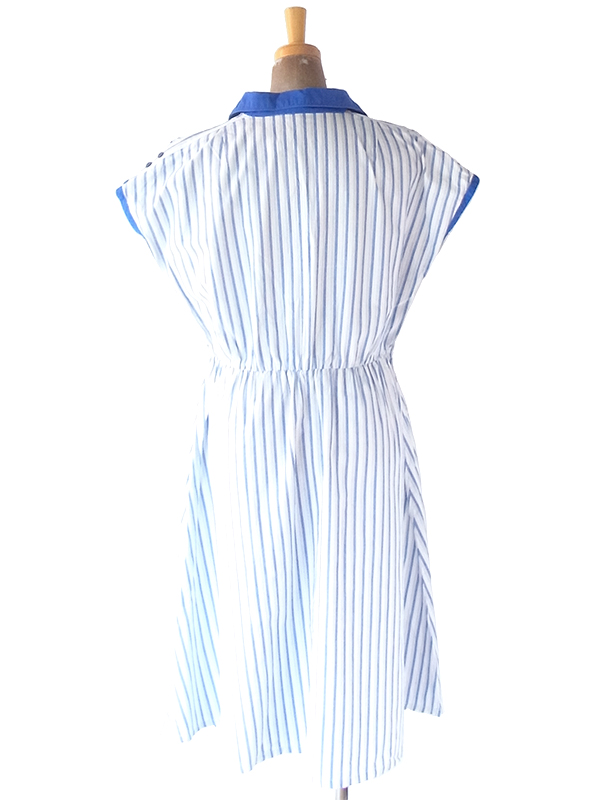 ヨーロッパ古着 フランス買い付け 60年代製 ホワイト X ブルー ストライプ ポケット付き ヴィンテージ ワンピース　22FC003