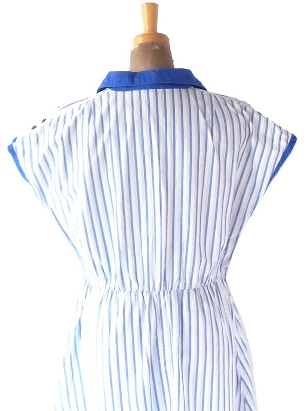 ヨーロッパ古着 フランス買い付け 60年代製 ホワイト X ブルー ストライプ ポケット付き ヴィンテージ ワンピース　22FC003
