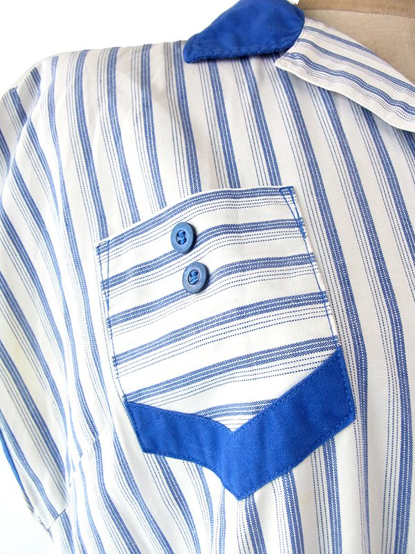 ヨーロッパ古着 フランス買い付け 60年代製 ホワイト X ブルー ストライプ ポケット付き ヴィンテージ ワンピース　22FC003