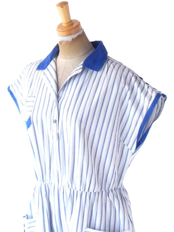 ヨーロッパ古着 フランス買い付け 60年代製 ホワイト X ブルー ストライプ ポケット付き ヴィンテージ ワンピース　22FC003