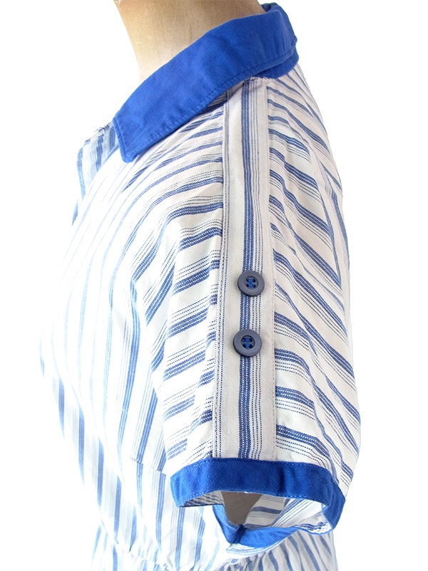 ヨーロッパ古着 フランス買い付け 60年代製 ホワイト X ブルー ストライプ ポケット付き ヴィンテージ ワンピース　22FC003