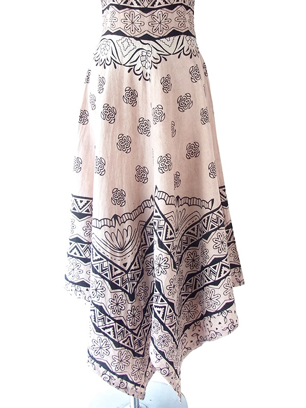 ヨーロッパ古着 フランス買い付け 60年代製 サンドベージュ X ブラック レトロ柄 ロング丈 カット裾 ワンピース 22FC019