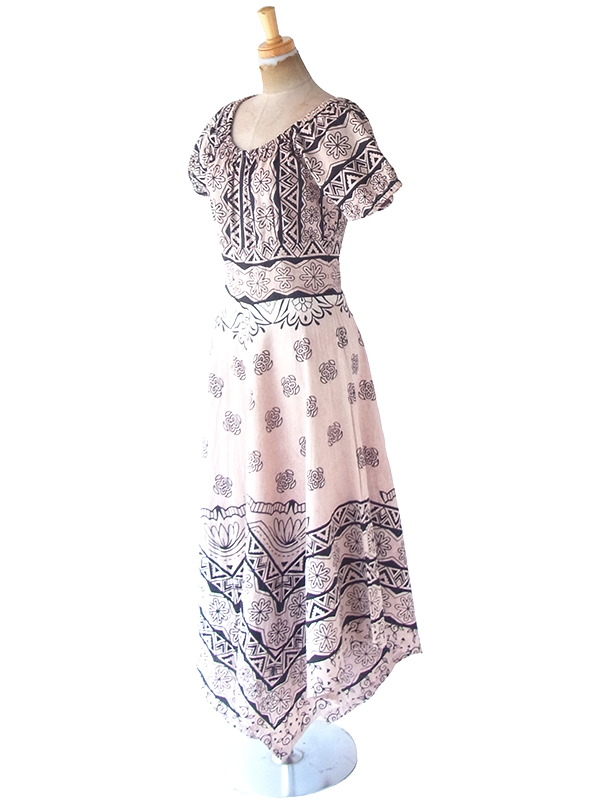 ヨーロッパ古着 フランス買い付け 60年代製 サンドベージュ X ブラック レトロ柄 ロング丈 カット裾 ワンピース 22FC019