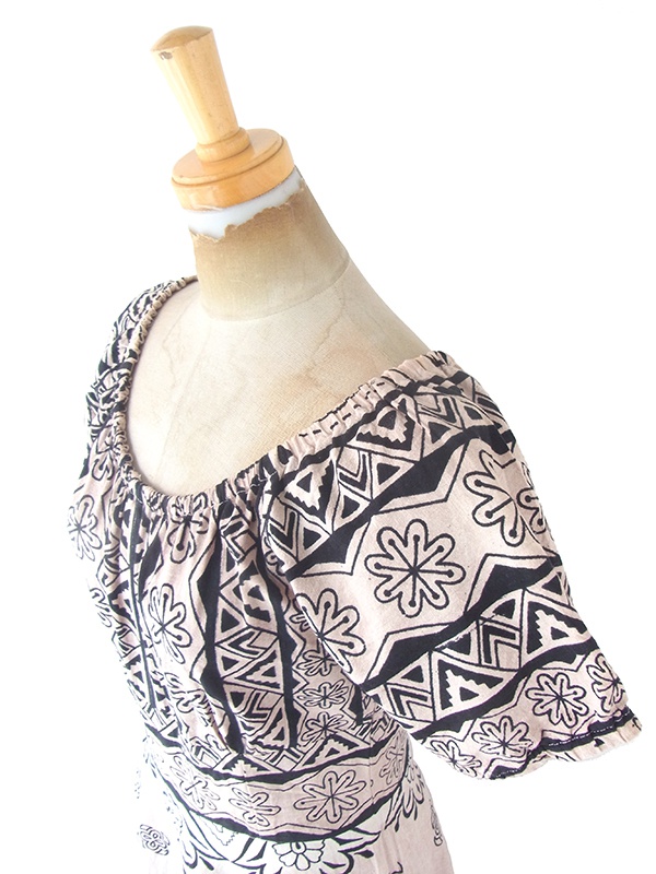 ヨーロッパ古着 フランス買い付け 60年代製 サンドベージュ X ブラック レトロ柄 ロング丈 カット裾 ワンピース 22FC019