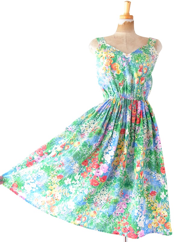 ヨーロッパ古着 フランス買い付け 60年代製 カラフル X 絵画のような花柄プリント ヴィンテージ ギャザー ワンピース 22FC108