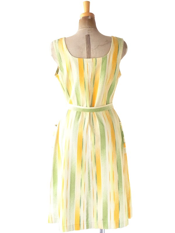 ヨーロッパ古着 フランス買い付け 60年代製 イエロー X ライムグリーン ストライプ ポケット付き ヴィンテージ ワンピース 22FC220