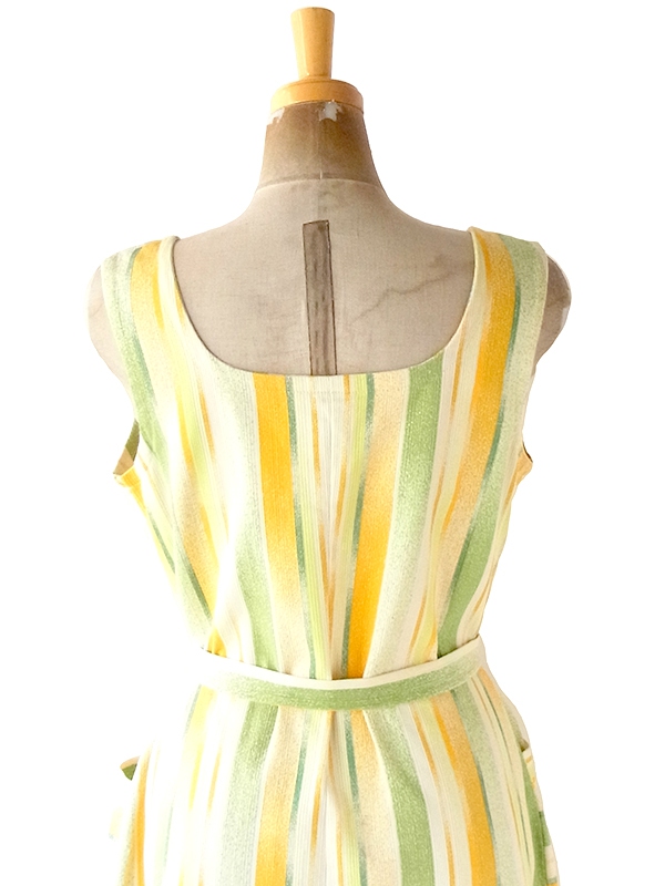 ヨーロッパ古着 フランス買い付け 60年代製 イエロー X ライムグリーン ストライプ ポケット付き ヴィンテージ ワンピース 22FC220