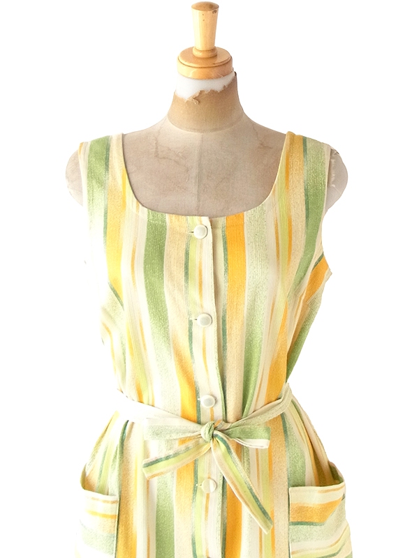 ヨーロッパ古着 フランス買い付け 60年代製 イエロー X ライムグリーン ストライプ ポケット付き ヴィンテージ ワンピース 22FC220