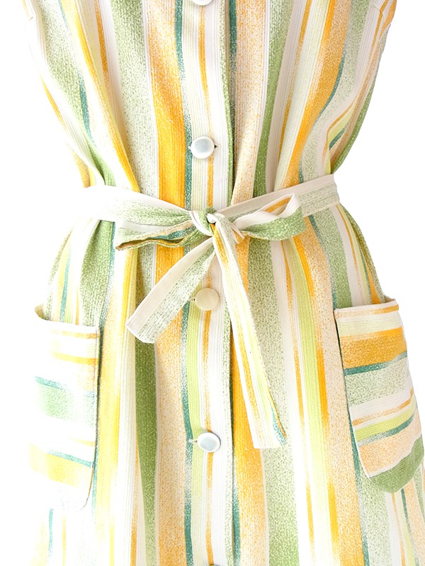 ヨーロッパ古着 フランス買い付け 60年代製 イエロー X ライムグリーン ストライプ ポケット付き ヴィンテージ ワンピース 22FC220