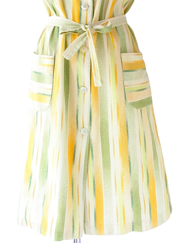 ヨーロッパ古着 フランス買い付け 60年代製 イエロー X ライムグリーン ストライプ ポケット付き ヴィンテージ ワンピース 22FC220