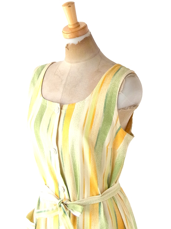 ヨーロッパ古着 フランス買い付け 60年代製 イエロー X ライムグリーン ストライプ ポケット付き ヴィンテージ ワンピース 22FC220