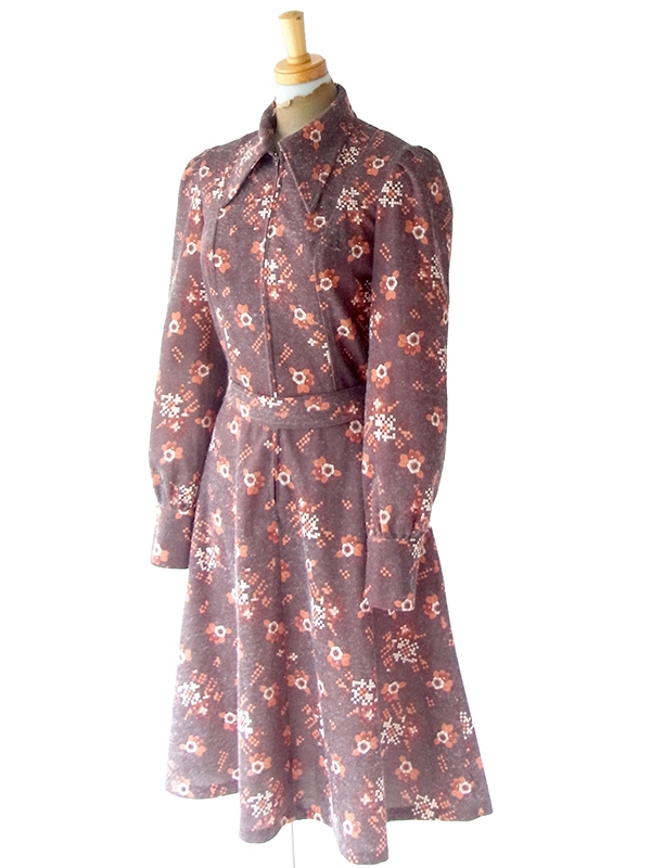 ヨーロッパ古着 フランス買い付け 60年代生 グレージュ X オレンジ 花柄 共布ベルト付き ワンピース 22FC409