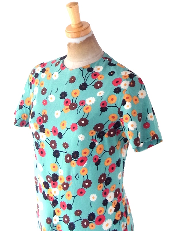 ヨーロッパ古着 フランス買い付け 60年代製 ミントグリーン X カラフル レトロ花柄 ヴィンテージ ワンピース 22OM103
