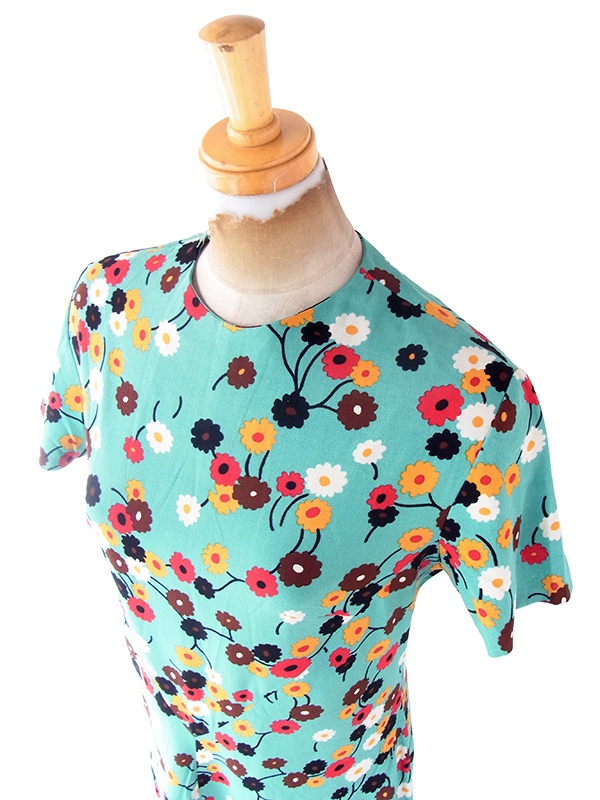 ヨーロッパ古着 フランス買い付け 60年代製 ミントグリーン X カラフル レトロ花柄 ヴィンテージ ワンピース 22OM103