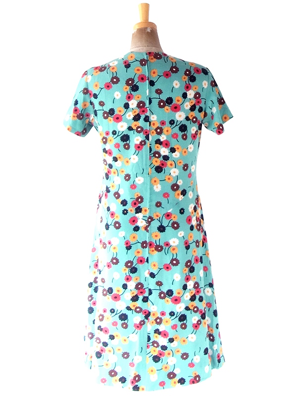 ヨーロッパ古着 フランス買い付け 60年代製 ミントグリーン X カラフル レトロ花柄 ヴィンテージ ワンピース 22OM103