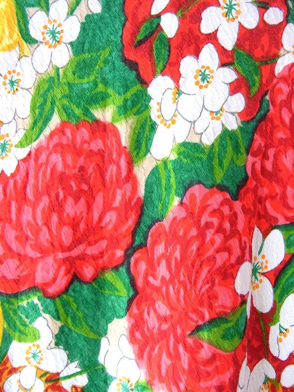 ヨーロッパ古着 ロンドン買い付け 70年代製 カラフル 花柄 凹凸で模様の浮かぶ生地 グリーン ライニング ワンピース 22OM105