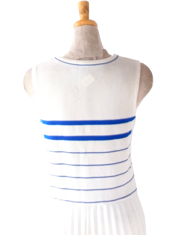 ヨーロッパ古着 ロンドン買い付け 70年代製 ホワイト X ブルー ボーダー アンブレラプリーツ ワンピース 20OM214