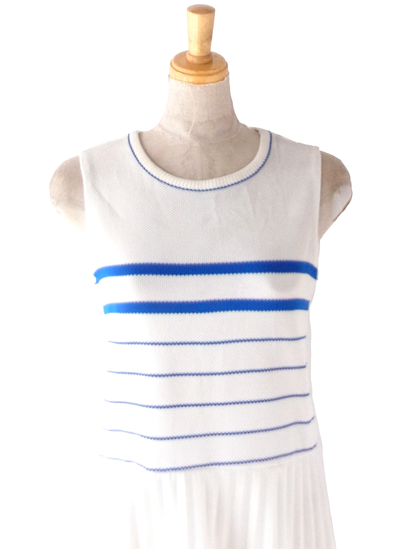 ヨーロッパ古着 ロンドン買い付け 70年代製 ホワイト X ブルー ボーダー アンブレラプリーツ ワンピース 20OM213