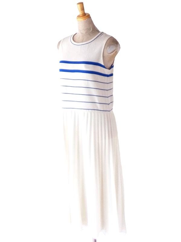 ヨーロッパ古着 ロンドン買い付け 70年代製 ホワイト X ブルー ボーダー アンブレラプリーツ ワンピース 20OM211