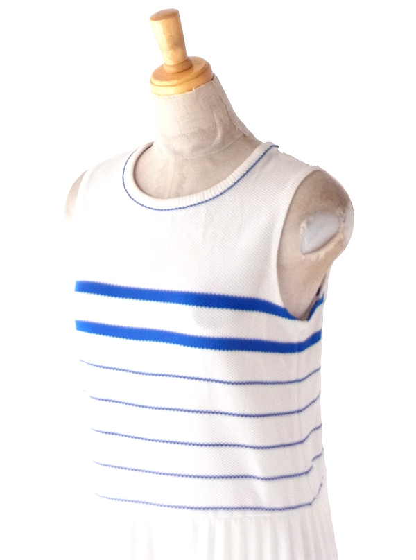 ヨーロッパ古着 ロンドン買い付け 70年代製 ホワイト X ブルー ボーダー アンブレラプリーツ ワンピース 20OM210