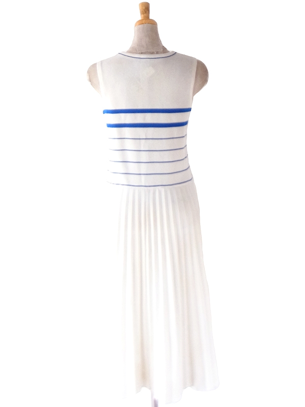 ヨーロッパ古着 ロンドン買い付け 70年代製 ホワイト X ブルー ボーダー アンブレラプリーツ ワンピース 20OM209