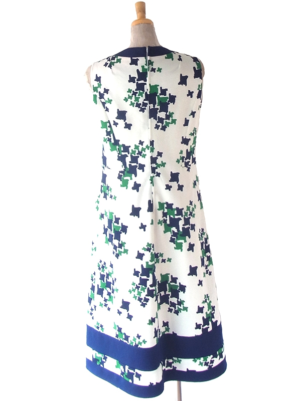 ヨーロッパ古着 ロンドン買い付け 70年代製 ホワイト ブルー・グリーン レトロ柄 生地切り返し ヴィンテージ ワンピース 23BS009