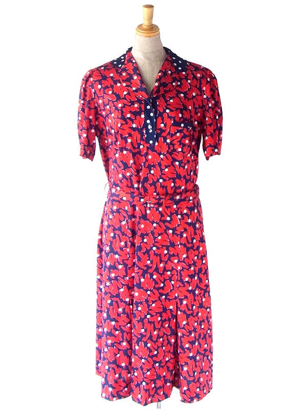 70年代フランス製 レッド x ブルー ホワイト 花柄・水玉 ヴィンテージ ワンピース 23FC003