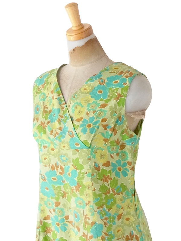 ヨーロッパ古着 フランス買い付け 60年代製 ライムグリーン X ブラウン 花柄 ヴィンテージ ワンピース 23FC114
