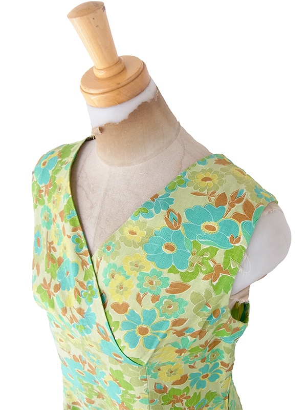 ヨーロッパ古着 フランス買い付け 60年代製 ライムグリーン X ブラウン 花柄 ヴィンテージ ワンピース 23FC114