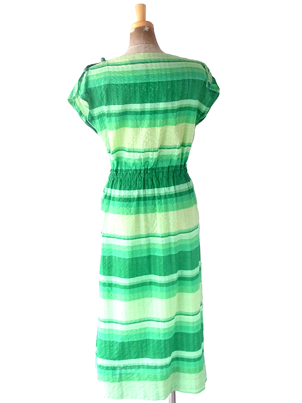 ヨーロッパ古着 フランス買い付け 60年代製 グリーン X グラデーション ボーダー 共布ベルト付き ワンピース 23FC117