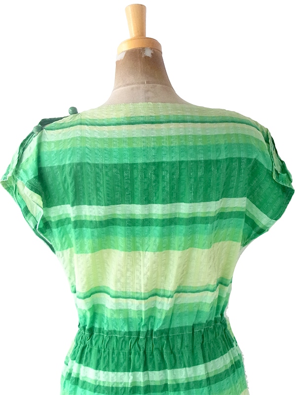 ヨーロッパ古着 フランス買い付け 60年代製 グリーン X グラデーション ボーダー 共布ベルト付き ワンピース 23FC117