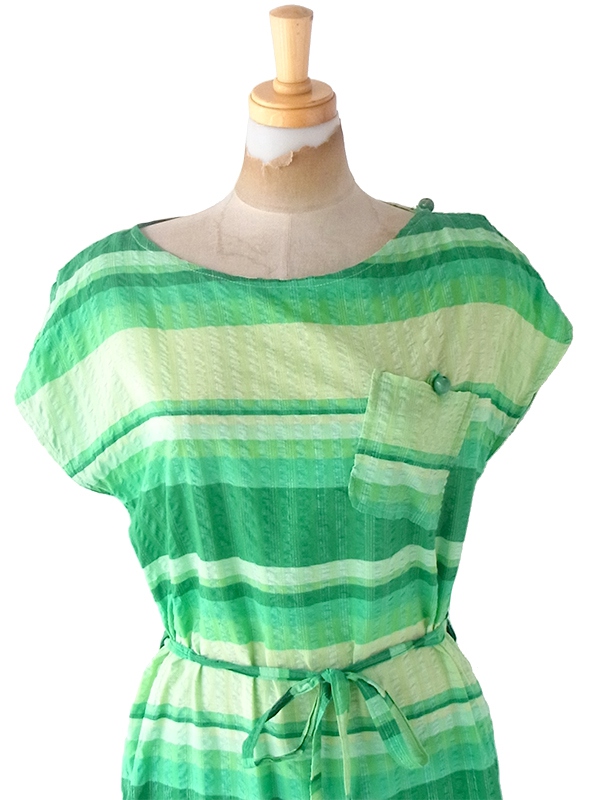 ヨーロッパ古着 フランス買い付け 60年代製 グリーン X グラデーション ボーダー 共布ベルト付き ワンピース 23FC117