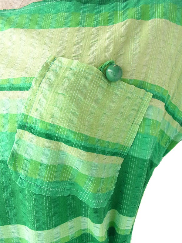 ヨーロッパ古着 フランス買い付け 60年代製 グリーン X グラデーション ボーダー 共布ベルト付き ワンピース 23FC117