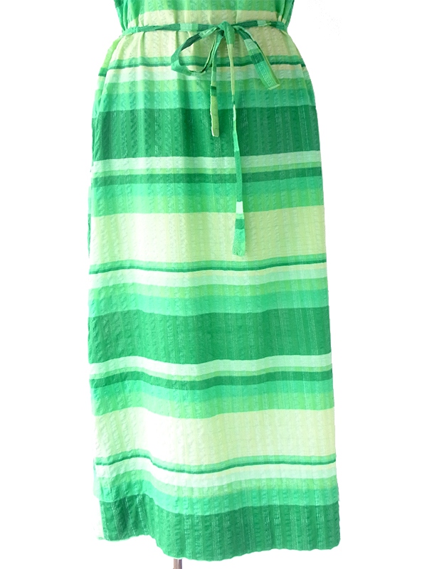 ヨーロッパ古着 フランス買い付け 60年代製 グリーン X グラデーション ボーダー 共布ベルト付き ワンピース 23FC117