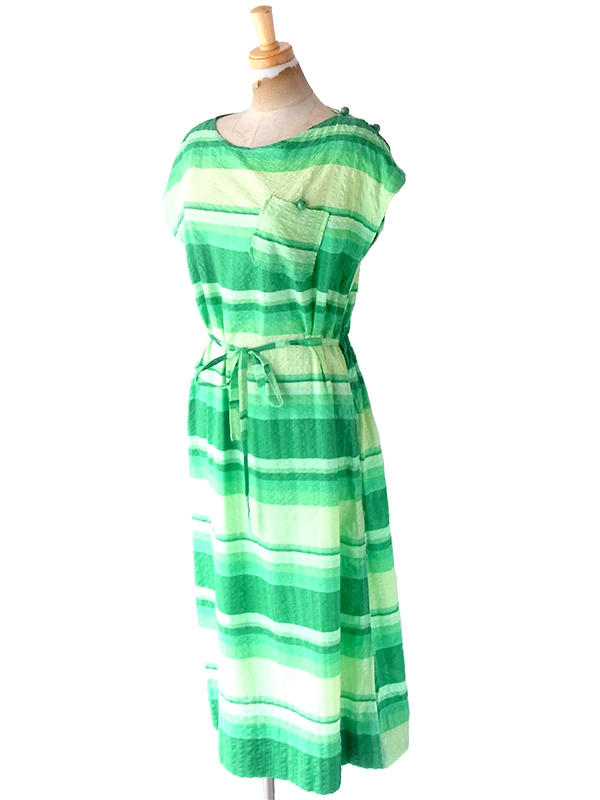 ヨーロッパ古着 フランス買い付け 60年代製 グリーン X グラデーション ボーダー 共布ベルト付き ワンピース 23FC117