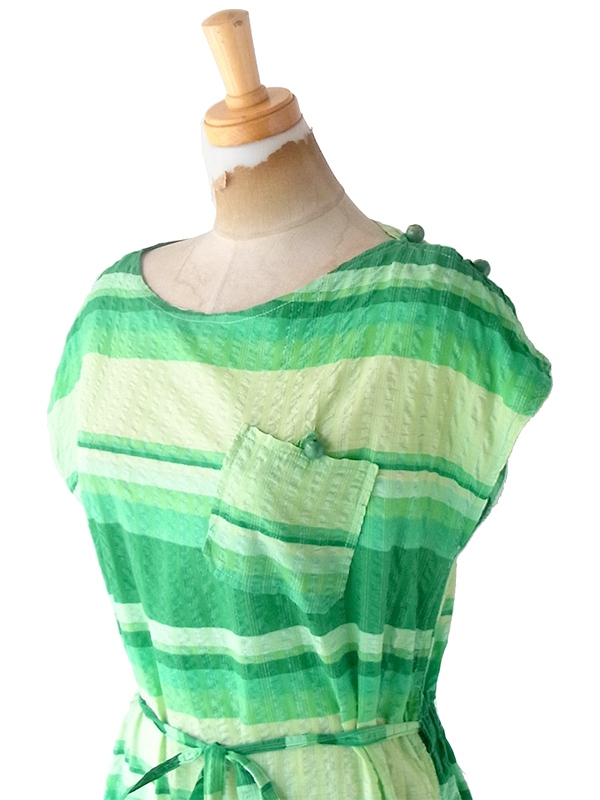 ヨーロッパ古着 フランス買い付け 60年代製 グリーン X グラデーション ボーダー 共布ベルト付き ワンピース 23FC117