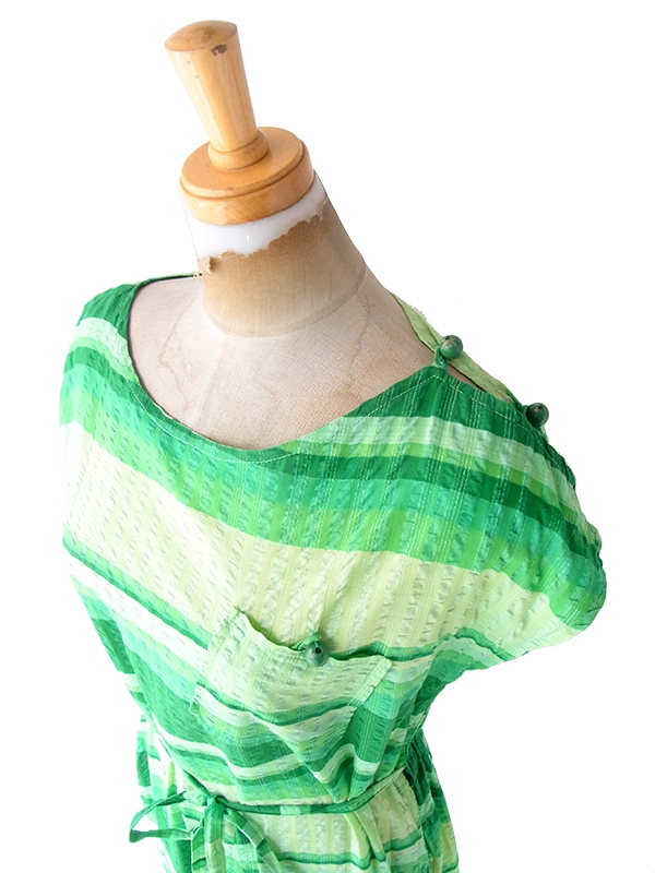 ヨーロッパ古着 フランス買い付け 60年代製 グリーン X グラデーション ボーダー 共布ベルト付き ワンピース 23FC117