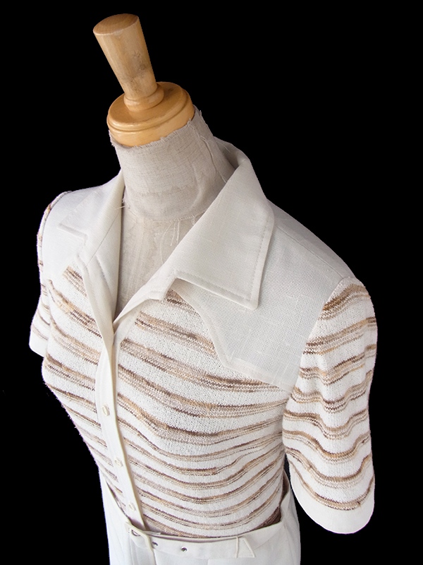 ヨーロッパ古着 フランス買い付け 60年代製 アイボリー X ブラウン ボーダー 生地切り返し 共布ベルト付き ワンピース 23FC125