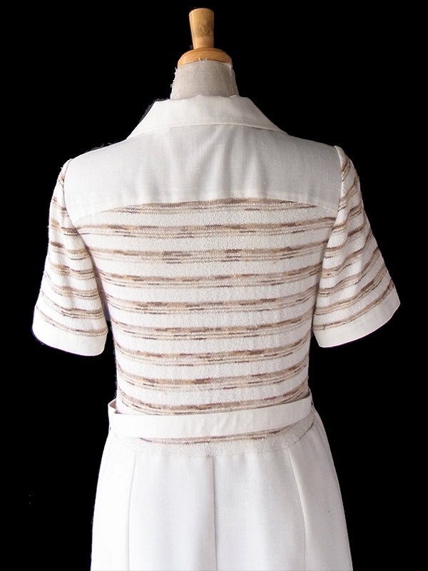 ヨーロッパ古着 フランス買い付け 60年代製 アイボリー X ブラウン ボーダー 生地切り返し 共布ベルト付き ワンピース 23FC125