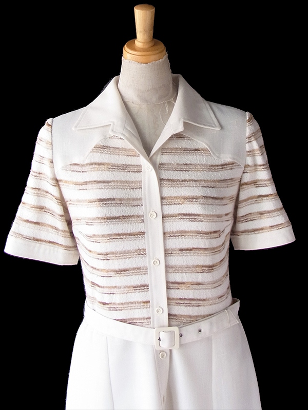 ヨーロッパ古着 フランス買い付け 60年代製 アイボリー X ブラウン ボーダー 生地切り返し 共布ベルト付き ワンピース 23FC125