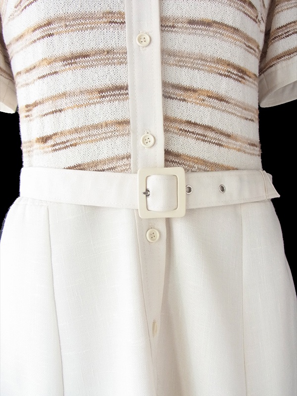 ヨーロッパ古着 フランス買い付け 60年代製 アイボリー X ブラウン ボーダー 生地切り返し 共布ベルト付き ワンピース 23FC125