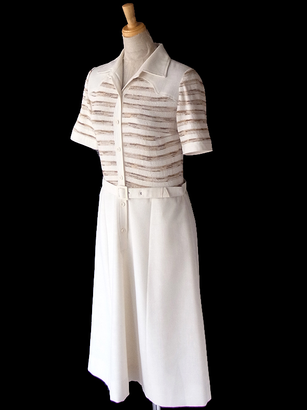 ヨーロッパ古着 フランス買い付け 60年代製 アイボリー X ブラウン ボーダー 生地切り返し 共布ベルト付き ワンピース 23FC125