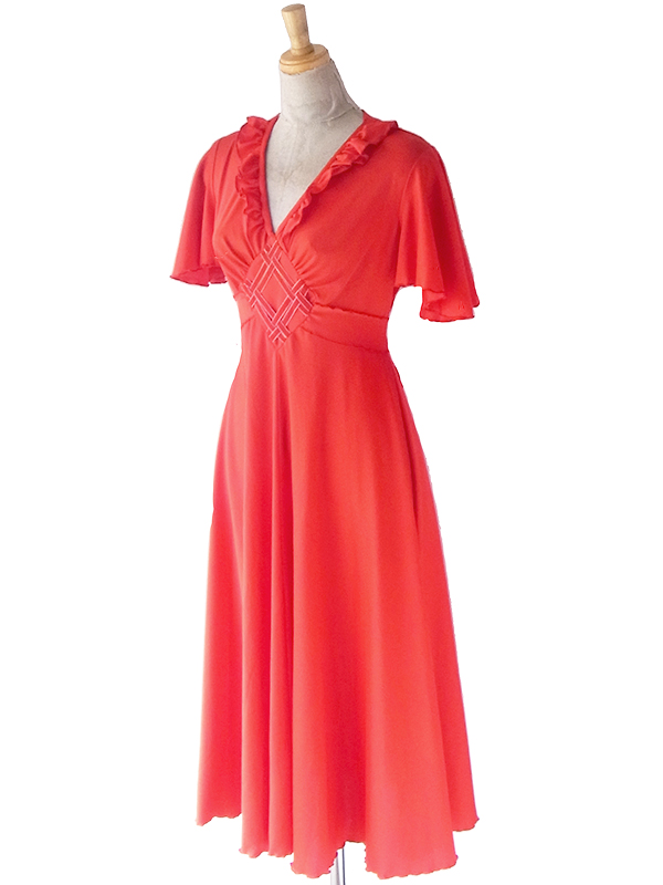 ヨーロッパ古着 フランス買い付け 70年代製 、レッド X フリルデザイン ヴィンテージ ワンピース 23FC126